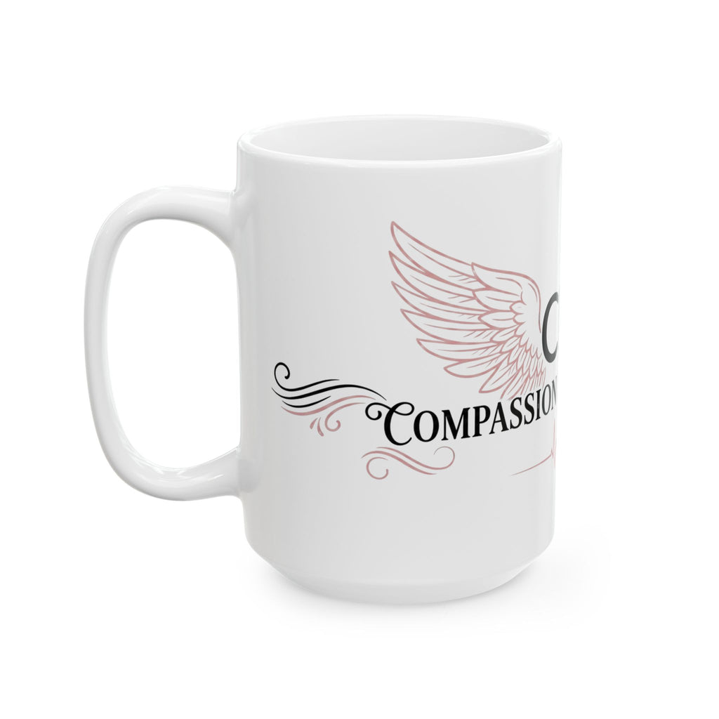 CNA Ceramic Mug — "Compassion in Human Form" Coffee Cup with Wings & Heartbeat Design