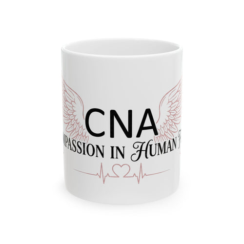 CNA Ceramic Mug — "Compassion in Human Form" Coffee Cup with Wings & Heartbeat Design