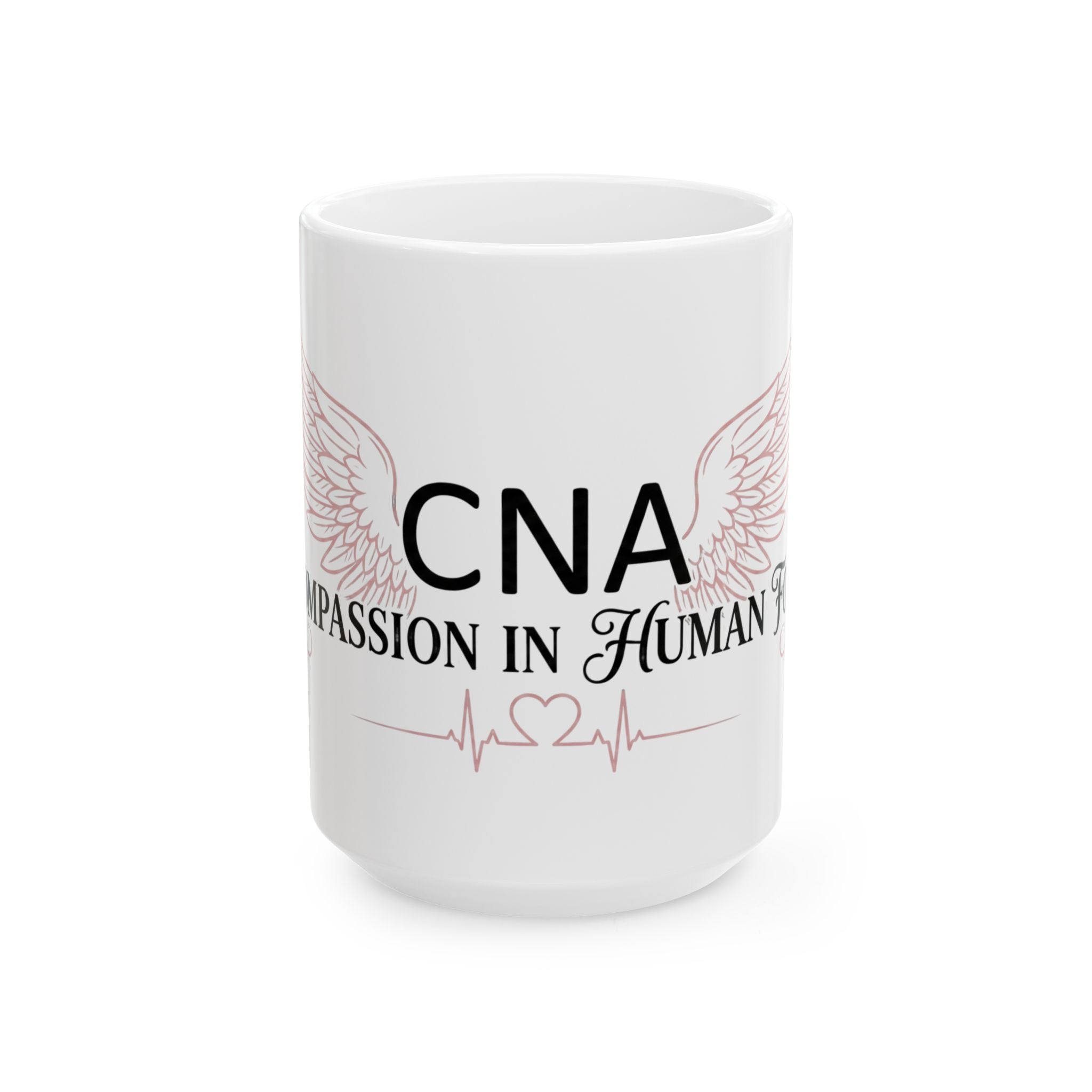 CNA Ceramic Mug — "Compassion in Human Form" Coffee Cup with Wings & Heartbeat Design