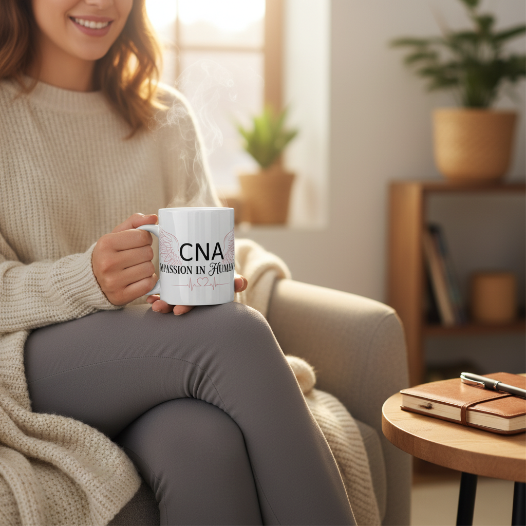 CNA Ceramic Mug — "Compassion in Human Form" Coffee Cup with Wings & Heartbeat Design