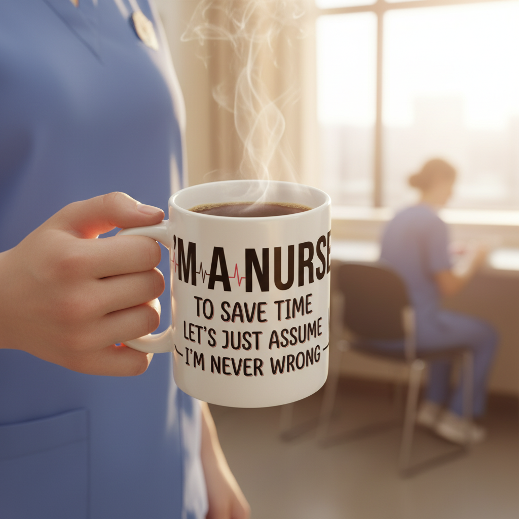 Nurse Mug — “I’m a Nurse: To Save Time Let’s Just Assume I’m Never Wrong” Ceramic Coffee Cup